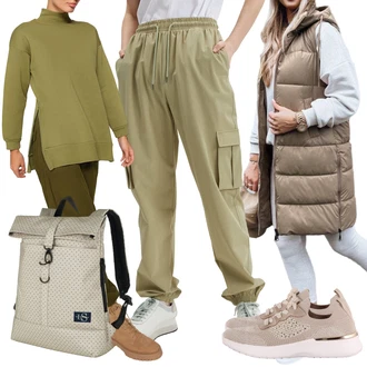 Stojáček Outfit s Tmavě zelená/Zelená/Khaki Kožená bunda/Kašmírový Svetr/Svetr s přehozem/Svetr s límečkem Trendyol "Podzimní outfit na volný čas"