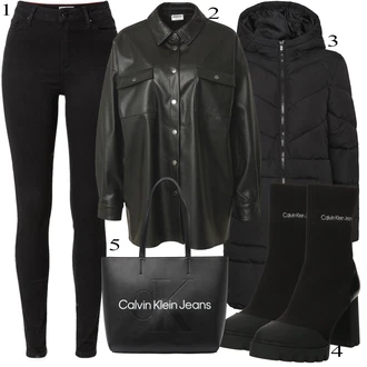 Prešite outfit mit Črna Usnjena Jakna/Motoristične Kavbojke/Kavbojke Visokega Pasu/Push up Kavbojke/Usnjene Čevlje/Termodžinsi/Zimska jakna Tommy Hilfiger "Obleka za jesen"