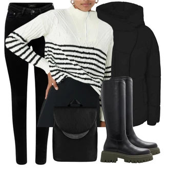 Outfit s Bílá/Černá/Oranžová Vintage svetr/Kardigán se stojatým límečkem/Krátký svetr/Svetr s podšívkou/Svetr boucle Trendyol "Perfekt na podzim"