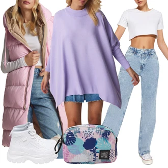 Outfit s Fialová Pončo & Kimono Pončo/Pletené pončo/Pončo s kapucí happiness İstanbul "Podzimní outfit na volný čas"