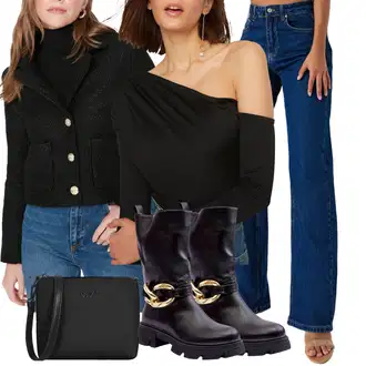 Outfit s Hnědá/Oranžová/Fialová/Modrá Zvonové Džíny/Pánské tričko/Kožená Pánská Bund/High Waist Džínové Kalhoty/Dad Džíny/Džíny Culottes/Džín s Širokou Nohavicí/Vintage džíny Trendyol "Outfit na podzim"
