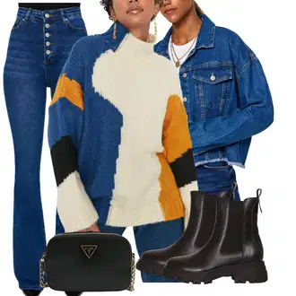 Outfit s Tmavě modrá/Světle modrá/Bílá/Modrá Džín s Širokou Nohavicí/Kožená Pánská Bund/Džíny s Rozparkem/High Waist Džínové Kalhoty/Zvonové Džíny/Pánské tričko Trendyol "Outfit na podzim"