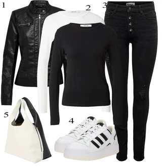 Barvno blokiranje outfit mit Črna/Bela Srajca & majica velike velikosti/Majica & Top/Pletene velika velikost/Bluza velika velikost About You "Obleka za jesen"Look: Nor, Poslovna, Barvno blokiranje, Francoski, Modernen, Pisarna, Skater, Univerzitetni