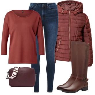Outfity z džínu Mom Posilování s Červená/Tmavě červená/Hnědá/Vínová Tričko s 3/4 rukávem/Jednoduchý top/Pletené tričko/Dlouhý top/Dlouhá košile Only "Trendový podzimní outfit"Look: Ležérní, Mom, Skater, Univerzitní, Volný čas, Tanec, Posilování