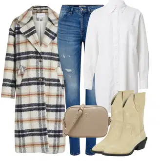 Krátká Outfit s Hnědá/Béžová/Světle modrá/Červená Přechodový Kabát/Vintage Kabát/Oversize Kabát/Letní Kabát/Zimní Kabát Vlněný kabát/Vlněný Kabát/Tweedový Kabát/Midi Kabát/Kabát Bouclé Vila "Outfit na podzim"