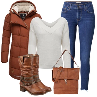 Outfit s Červená/Hnědá/Oranžová Zimní Kabát/Kabát s Kapucí/Dlouhý Péřový Kabát/Prošívaný kabát/Dlouhý Zimní Kabát/Péřový Kabát/Přechodový Kabát Ragwear "Trendový podzimní outfit"