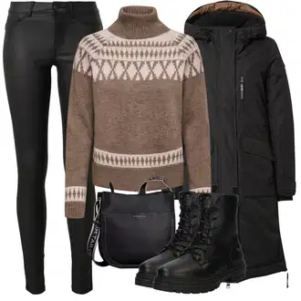 Nadrozměrné Dlouhé Outfit s Černá Dlouhý Péřový Kabát/Parka/Zimní Kabát/Dlouhý Zimní Kabát/Péřový Kabát/Přechodový Kabát/Kabát s Kapucí Ragwear "Trendový podzimní outfit"Look: Cool, Hip Hop, Pro Dům, Venkovní, Nadrozměrné, Sportovní