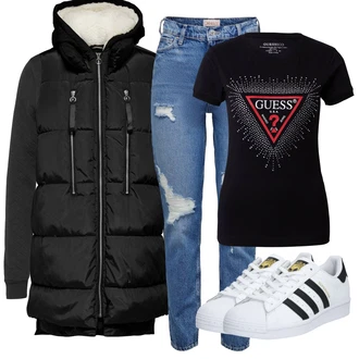 Outfit s Černá/Šedá/Tmavě šedá Svetr S Kapucí Sportovní mikina/Mikina/Pletená mikina s kapucí Only "Trendový podzimní outfit"