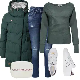 Layered Outfit s Zelená/Tmavě zelená Zimní Kabát/Přechodový Kabát/Kabát s Kapucí/Prošívaný kabát/Parka/Outdoorový kabát/Péřový Kabát Ragwear "Trendový podzimní outfit"Look: Layered, Venkovní, Nadrozměrné, Sportovní