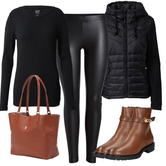 Lesk Outfit s Černá Legíny Formovaná Legína/Legíny Kožený Vzhled/Vinylový Legín/Latexové Legíny/Kožený Legíny/Neprůhledný Legíny Pieces "Trendový podzimní outfit"