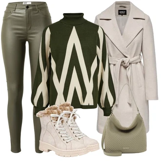 Kůže Outfit s Tmavě zelená/Khaki Kožená bunda/Motorkářské Džíny/High Waist Džínové Kalhoty/Džíny s Rozparkem/Termální Džíny JdY "Trendový podzimní outfit"