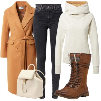 Outfit s Tmavě hnědá/Hnědá/Béžová/Oranžová Šněrovací Kozačka/Bota se širokým nohavici/Jezdecká Bota/Vintage kozačka/Motorkářská Bota/Bojová Bota/Motorkářská bota/Dlouhá Kozačka/Nepromokavá kozačka Mustang "Trendový podzimní outfit"