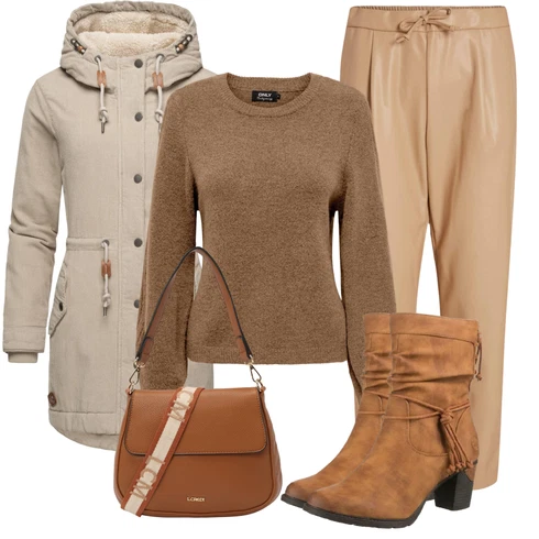 Kombinace Hnědá/Béžová/Khaki Kalhoty z Umělé Kůže/Široká Kalhoty Baggy Kalhoty/Mrkvová Kalhoty/Kožená Kalhoty/Vinylové kalhoty/Kalhoty s nášivkou uprostřed/Paperbag Kalhoty Vila kombinovat s Béžová/Khaki/Hnědá Bunda Zimní Parka/Bunda s Kapucí/Letní Bund/Tradiční pletená Bunda/Bundeswehr Parka/Podzimní Bunda/Parka Přechodová Bund/Jarní Bunda Ragwear