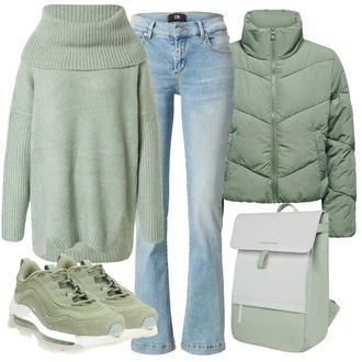 Outfit s Světle modrá/Světle zelená/Zelená Vodopádový Svetr/Kašmírový Svetr/Mohair Pullover/Svetr bez Ramínek/Oversize Svetr/Zimní Svetr/Svetr s přehozem About You "Trendový podzimní outfit"