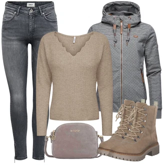 Outfit s Šedá/Světle šedá/Tmavě šedá Trekingová bunda/Bunda s Kapucí/Hybridní bunda/Outdoorové Bundy/Funkční Bunda/Lyžařská bunda/Bunda 2v1/Snowboardová Bund/Skialpinistická bunda/Bunda s Bočním Zipem/Prošívaná Bunda/Izolační bunda/Termo Bund Ragwear "Trendový podzimní outfit"