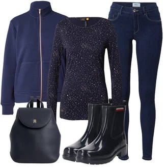 Outfit s Černá/Tmavě modrá Chelsea Boty/Plochá Kotníková Bota/Gumová Kotníková Bota/Kožená bunda Tommy Hilfiger "Trendový podzimní outfit"