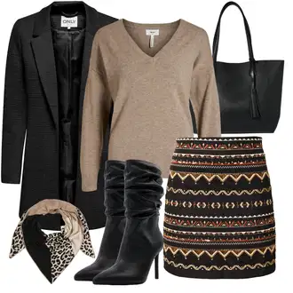 Outfit s Černá/Béžová/Hnědá/Bílá Bandana/Šál/Pokrývka hlavy Šátek na hlavu About You "Trendový podzimní outfit"