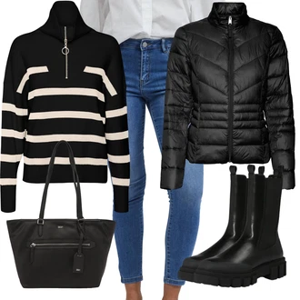 Veslování Outfit s Černá/Krémová/Hnědá/Bílá/Tmavě modrá Pruhovaný Svetr/Svetr se zipem/Svetr s límečkem VERO MODA "Trendový podzimní outfit"Look: Na Plachtění, Veslování, Volný čas
