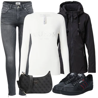 Streetwear Outfit s Černá Vintage Teniska/Skate Bota/Úzká Teniska/Nízká Teniska/Kožené Tenisky Adidas Originals "Trendový podzimní outfit"Look: Sportovní, Unisex, Streetwear