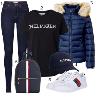 Lepo outfit mit Temno modra Jeggings/Jeans Pajkice Tommy Hilfiger "Obleka za jesen"Look: Stil, Kul, Francoski, Lepo, Preproste