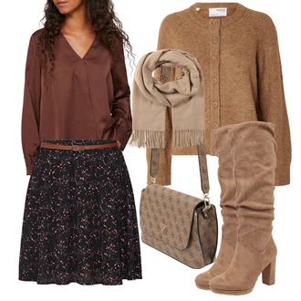 Outfit s Hnědá/Tmavě hnědá Halenka se Stojatým Límcem/Carmen Blůza/Businessová Halenka/Halenka s Nafouknutým Rukávem/Saténová Halenka/Halenka s Dlouhým Rukávem/Elegantní Halenka/Halenkové Body/Jednobarevná Halenka/Halenkový Top/Hedvábná Halenka Vila "Trendový podzimní outfit"