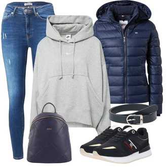 Nadrozměrné Outfit s Šedá/Světle šedá Dámský Svetr/Svetr s kapucí/Vintage mikina/Svetr S Kapucí/Unisex Mikina S Kapucí/Sportovní mikina/Originální mikina/Oversize mikina Nike Sportswear "Trendový podzimní outfit"Look: Hip Hop, Pro Dům, Nadrozměrné, Skater, Sportovní, Unisex, Univerzitní