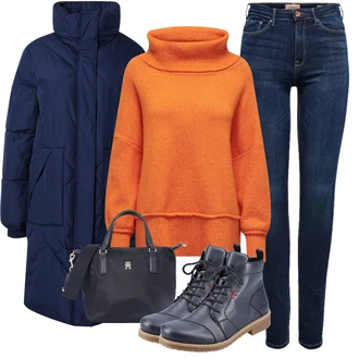 Outfit s Tmavě Modrá/Modrá/Světle Modrá Kozačka Šněrovací Kotníková Bota/Kožená kotníková bota/Kožená bota/Šněrovací bota/Plochá Kotníková Bota/Bezpečnostní bota/Kotníková Bota s Podšívkou/Kožená bunda Rieker "Trendový podzimní outfit"