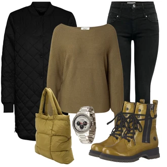 Outfit s Žlutá/Tmavě zelená Šněrovací Kotníková Bota/Kožená bunda/Trekingová Bota/Nepromokavá kozačka/Kozačka se zipem/Motorkářská bota/Motorkářská Bota/Nepromokavá Bota/Gumová Kotníková Bota/Bojová Bota marco tozzi by guido maria kretschmer "Trendový podzimní outfit"