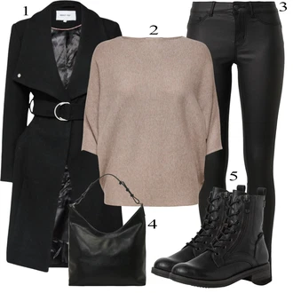 outfit mit Črna/Bela Usnjena Hlača/Leginge v Videzu Usnja/Usnjena pajkica/Treggings/Skinny Hlače/Hlače iz Imitacije Usnja Pieces "Popoln za jesen"