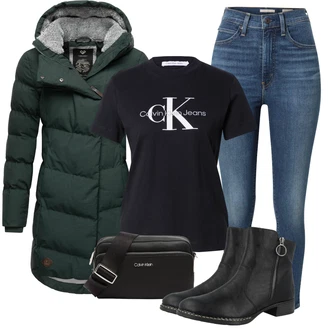 Outfit s Tmavě Zelená/Zelená Zimní Kabát/Péřový Kabát/Kabát s Kapucí/Dlouhý Péřový Kabát/Dlouhý Zimní Kabát/Parka/Prošívaný kabát Ragwear "Trendový podzimní outfit"