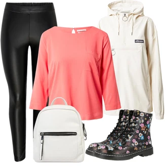 Móda pro plnoštíhlé Outfit s Růžová/Oranžová/Červená Kožená bunda pro muže/Halenka S 3/4 Rukávem/Jednobarevná Halenka/Sportovní Halenka/Halenka s Dlouhým Rukávem/Slip-on Halenka/Halenkový Top Tom Tailor "Trendový podzimní outfit"