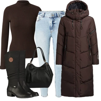 Outfit s Černá Zimní Kozačka/Dlouhá Kozačka/Bota se širokým nohavici/Klasická Kozačka/Plochá Kozačka nad koleno/Nepromokavá Kozačka/Jezdecká Bota Rieker "Trendový podzimní outfit"