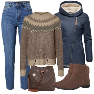 Norský vzor Outfit s Šedá/Hnědá/Fialová/Béžová Norský Svetr/Norský Svetr/Vlněný Svetr VERO MODA "Trendový podzimní outfit"