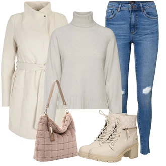 Outfit s Béžová/Hnědá/Bílá/Khaki Lodenový kabát/Pletený Fleecový Kabát/Pletený Kabát/Zimní Kabát Vlněný kabát/Kašmírový Kabát/Vlněný Fleecový Kabát/Lehký Kabát VERO MODA "Trendový podzimní outfit"