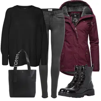 Outfit s Červená/Tmavě červená/Vínová/Lilové barvy/Fialová Bunda s Kapucí/Zimní Parka/Bunda s Bočním Zipem/Bunda 2v1/Lyžařská bunda/Podzimní bunda/Zimní Bund/Vosková Bunda/Outdoorové Bundy Ragwear "Trendový podzimní outfit"