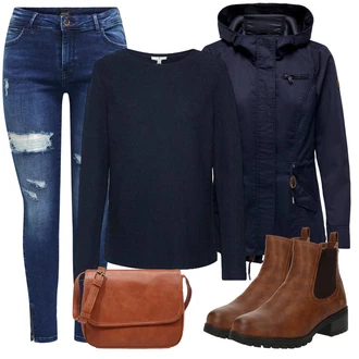 Outfit s Hnědá/Tmavě Hnědá Chelsea Boty/Kožená bunda/Plochá Kotníková Bota Mustang "Trendový podzimní outfit"