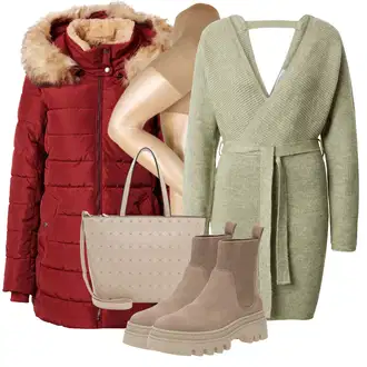 Layered Outfit s Červená/Tmavě červená/Vínová/Hnědá Zimní Kabát/Kabát s Kožešinovým límcem/Prošívaný kabát/Parka/Péřový Kabát Only "Trendový podzimní outfit"Look: 70tá léta, Pro Dům, Layered, Mom, Venkovní, Nadrozměrné, Sportovní