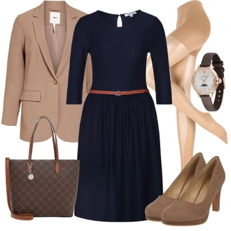 Outfit s Tmavě modrá Žerzejové Šaty/Midi Šaty/Občanské šaty/Společenské šaty pro hosta/Dlouhé pletené šaty/Šaty s Páskem/Šaty s 3/4 Rukávem About You "Trendový podzimní outfit"
