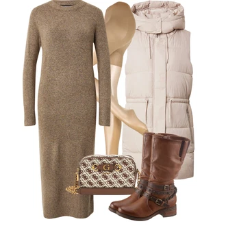 Motorka Outfit s Tmavě hnědá/Béžová/Hnědá Kozačka Bota se širokým nohavici/Kozačka se zipem/Motorkářská bota/Jezdecká Bota/Motorkářská Bota Mustang "Trendový podzimní outfit"Look: Motorka, Jízda na koni, Na Procházku, Turistika