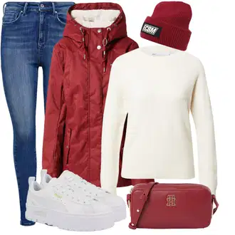 Outfit s Červená/Tmavě červená Parka Přechodová Bund/Outdoorové Bundy/PodZimní Bunda/Snowboardová Bund/Sněhová Bund/Zimní Bund/Bunda s Kapucí/Zimní Parka/Bunda 2v1/Lyžařská bunda/Bunda s Vnitřním Vystláním Ragwear "Outfity na zimu"
