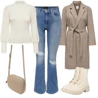 Boja Outfit sa Bež/Krem/Kaki/Bijela Čizmica Gležnjača na Vezanje/Borbena Čizma/Klasična čizmica About You "Zimski Outfit"