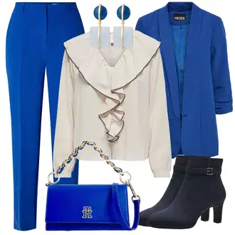 Outfit s Modrá/Světle modrá Plisovaná kalhoty/Rovná Kalhoty/Business Kalhoty/Kalhoty se Štěrbinou/Obleková Kalhoty/Úzká Kalhoty/Navlékací Kalhoty/Látková Kalhoty/Kalhoty s nášivkou uprostřed/Mušelínové kalhoty SELECTED FEMME "Podzimní outfity"