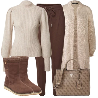 Outfit s Béžová/Hnědá/Bílá Pletenina veľkej veľkosti Oui "Podzimní outfity"