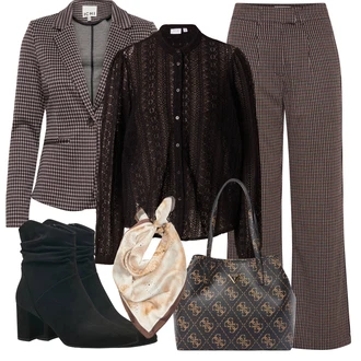 Zapínání na knoflíky Outfit s Černá/Hnědá/Tmavě hnědá Vzorovaná Halenka/Průhledná blůza/Dětská hračka/Halenka se Stojatým Límcem/Krajková Halenka/Neobvyklá Halenka Vila "Outfit Na Podzim"