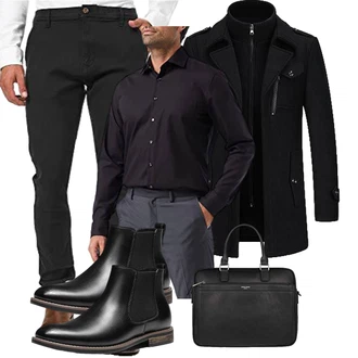 Wolle-seide Outfit mit Schwarz Duffle Mantel/Scuba-Mantel/Kaschmir Mantel/Mantel mit Reißverschluss/Wollfleece Mantel/Wintermantel Wollmantel KUDORO "Business Outfit"