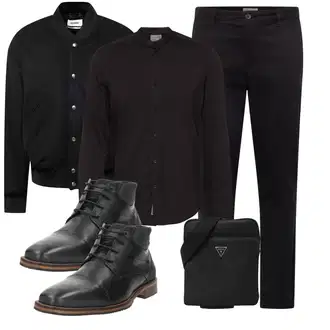 Outfit mit Schwarz Schnürstiefelette/Leder Stiefelette/Gefütterte Stiefelette/Vintage Schnürschuh Bullboxer "Business Outfit"