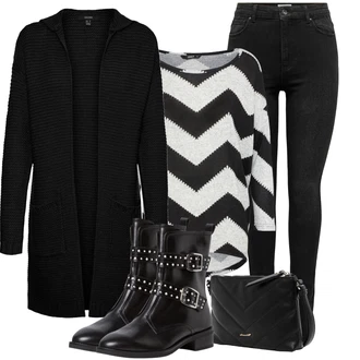 Výstřih na ramena Outfit s Černá/Tmavě šedá Pletenina veľkej veľkosti/Kabát VERO MODA "Cool podzimní outfit"