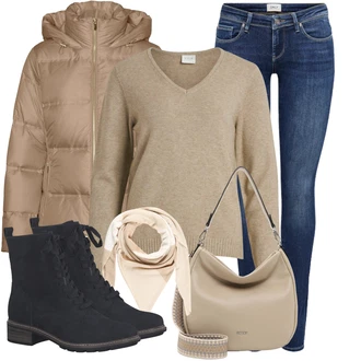 Festival Outfit s Hnědá/Béžová/Bílá/Khaki Klobouk Bandana/Šátek na hlavu/Šál About You "Módní zimní outfit"Look: Den na pláži, Koncert, Festival, Škola, Nový Rok