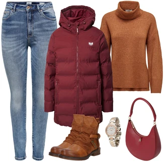 Outfit sa Crvena/Smeđa/Narandžasta/Bež Čizmica Kožna gležnjača/Podstavljena Gležnjača/Borbena Čizma/Vintage Gležnjača/Motociklistička čizma/Ravna Gležnjača Rieker "Zimski Outfit"