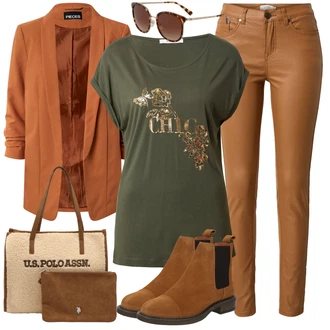 Outfit s Hnědá/Khaki/Béžová Kalhoty z Umělé Kůže/Kožený legíny/Kožená Kalhoty/Skinny Kalhoty B.young "Outfit Na Podzim"
